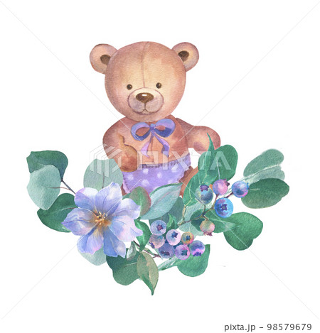 Newborn Baby bear with blue flowers and green leaves. Watercolor illustration for baby boy shower isolated on white background. 98579679