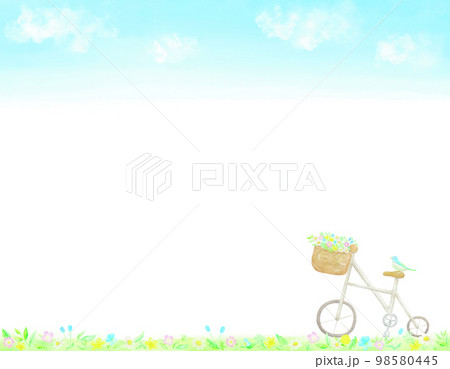 野花の咲く中で休憩する白い自転車と小鳥のフレーム。水彩絵の具で描いたイラスト。 98580445