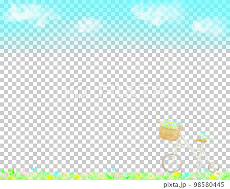 野花の咲く中で休憩する白い自転車と小鳥のフレーム。水彩絵の具で描いたイラスト。 98580445