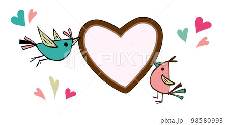 ハートのチョコレートパネルを持つ小鳥 バレンタイン テキストフレーム 98580993