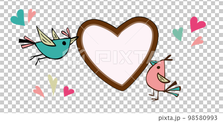 ハートのチョコレートパネルを持つ小鳥 バレンタイン テキストフレーム 98580993
