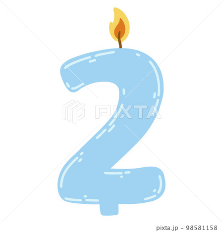 Candle number two in flat style. Hand drawn vector illustration of 2 symbol burning candle, design element for birthday cakes 98581158