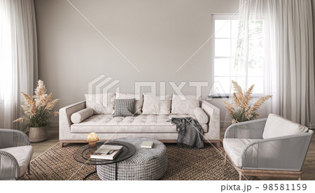 Blank mock up in scandinavian style living room interior. Modern living room interior background. Beige sofa and pampas grass. 3d rendering. High quality 3d illustration 98581159