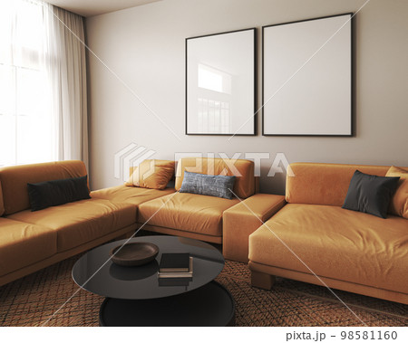 Home mockup two picture frame. Beige living room interior design with natural orange furniture. Scandi boho style interior background. 3d render. High quality 3d illustration 98581160