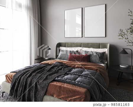 Home interior background. Cozy green with orange bedroom. White mock up frame, natural furniture and black table. Modern boho style. 3d render. High quality 3d illustration Home interior background. Cozy green with orange bedroom. White mock up frame, natural furniture and black table. Modern boho style. 3d render. High quality 3d illustration 98581163