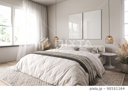 Vertical two frame mockup in boho bedroom interior with wooden floor and white bed. Beige blanket, cushion and dried grass. Basket and wicker lamp on wall. 3d rendering. High quality 3d illustration Vertical two frame mockup in boho bedroom interior with wooden floor and white bed. Beige blanket, cushion and dried grass. Basket and wicker lamp on wall. 3d rendering. High quality 3d illustration 98581164