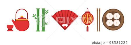 China Country Attributes with Fan, Lantern, Bamboo, Dumplings and Tea Kettle Vector Set China Country Attributes with Fan, Lantern, Bamboo, Dumplings and Tea Kettle Vector Set 98581222
