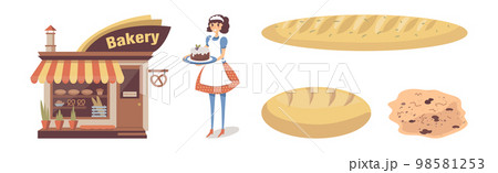 Bakery Shop with Woman Seller and Fresh Baked Pastry Vector Set Bakery Shop with Woman Seller and Fresh Baked Pastry Vector Set 98581253