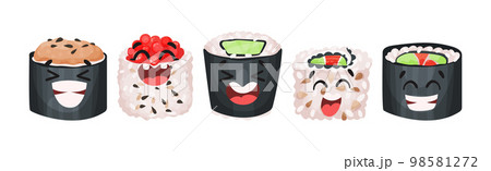 Kawaii Sushi with Rice and Fish Having Smiling Faces Vector Set 98581272