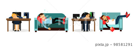 People Sleeping In Different Positions At Home on Sofa and at Table at Work Vector Set 98581291