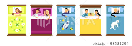 People Sleeping In Different Positions At Home in Their Bed Vector Set 98581294