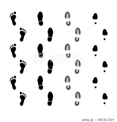 Human Footprints. Set of Footprints with bare feet, boots and womens shoes. Vector illustration. 98581304