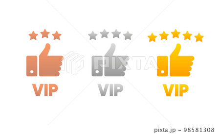 Set VIP badges in gold, silver and bronze color. Exclusive Round labels. Three vip level. Vector illustration. 98581308