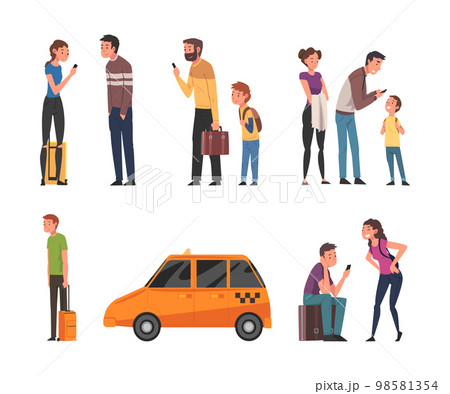People Characters Hiring Taxi Via Service and Smartphone App Vector Set People Characters Hiring Taxi Via Service and Smartphone App Vector Set 98581354