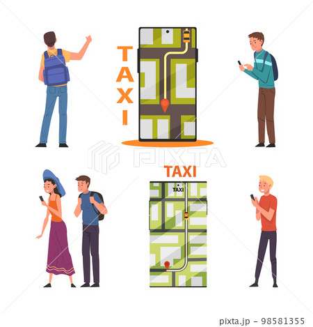 People Characters Hiring Taxi Via Service and Smartphone App Vector Set 98581355