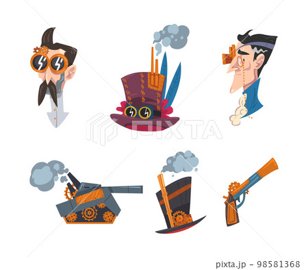 Steampunk Mechanical Retro Object with Vintage Mechanism Vector Set Steampunk Mechanical Retro Object with Vintage Mechanism Vector Set 98581368