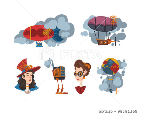 Steampunk Mechanical Retro Object with Vintage Mechanism Vector Set Steampunk Mechanical Retro Object with Vintage Mechanism Vector Set 98581369