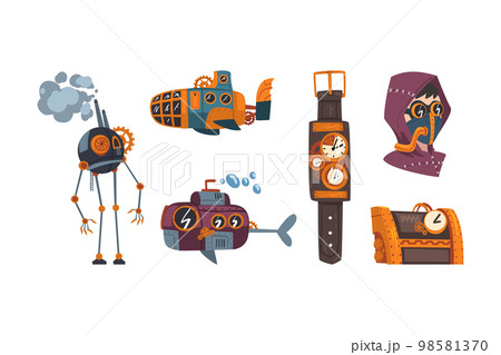Steampunk Mechanical Retro Object with Vintage Mechanism Vector Set 98581370