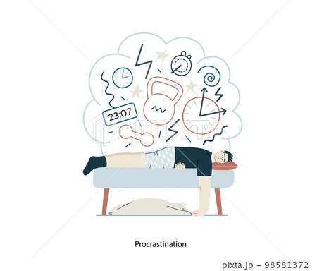 Mental disorders illustration. Procrastination - modern flat vector illustration of man suffering under the weight of problems and obligations. People emotional, psychological, mental traumas concept Mental disorders illustration. Procrastination - modern flat vector illustration of man suffering under the weight of problems and obligations. People emotional, psychological, mental traumas concept 98581372