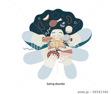 Mental disorders illustration. Eating disorder - modern flat vector illustration of a woman stuffing herself meeting with a stress experience. People emotional, psychological, mental traumas concept Mental disorders illustration. Eating disorder - modern flat vector illustration of a woman stuffing herself meeting with a stress experience. People emotional, psychological, mental traumas concept 98581380