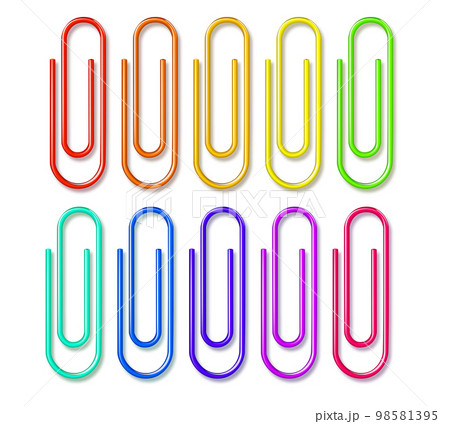 Paper clips clamp. Colour cartoon office paperclip. Paper clip icon attached attach document or file. Vector 98581395