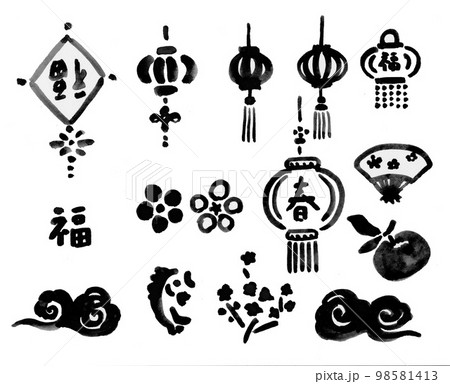 旧正月飾り手描きモノクロイラストセット アジアのお祝い飾り 98581413