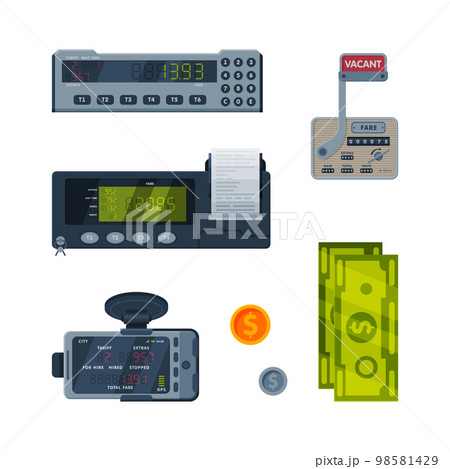 Taximeter as Car Cab Device for Fare Measurement Vector Set 98581429