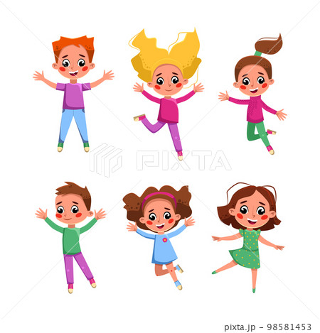 Happy Kids Jumping with Joy and Excitement Rejoicing and Cheering Vector Set Happy Kids Jumping with Joy and Excitement Rejoicing and Cheering Vector Set 98581453