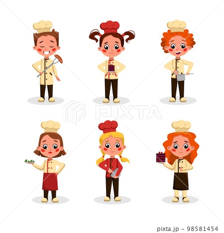 Little Boy and Girl Chef Character in Toque Cooking Food Vector Set 98581454