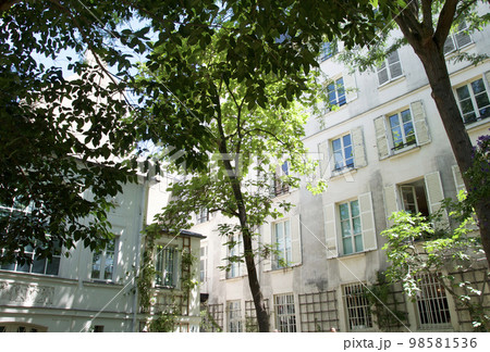 パリの中心部にある国立美術館、ウジェーヌ・ドラクロワ美術館の裏庭スペースの木々 98581536