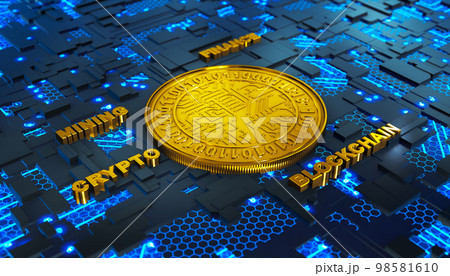 gold coin on a circuit board 98581610