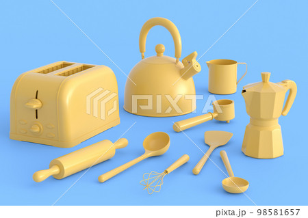 Toaster, kettle with kitchen utensil for preparation of breakfast on monochrome Toaster, kettle with kitchen utensil for preparation of breakfast on monochrome 98581657
