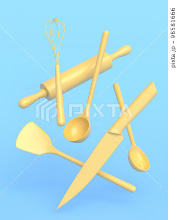 Wooden kitchen utensils, tools and equipment on monochrome background. Wooden kitchen utensils, tools and equipment on monochrome background. 98581666