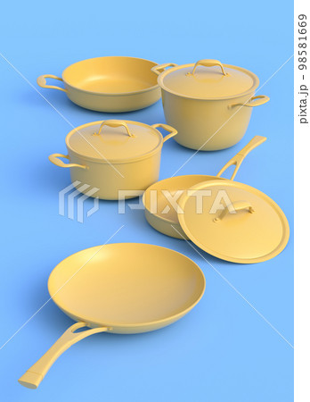 Set of stewpot, frying pan and chrome plated cookware on monochrome background 98581669