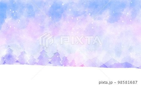 幻想的なピンクの空に雪の降る冬の丘の水彩イラスト 幻想的なピンクの空に雪の降る冬の丘の水彩イラスト 98581687