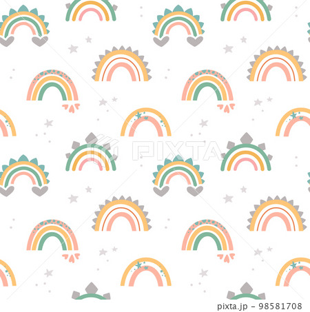 Cute rainbows in boho style, pastel colors. Vector seamless pattern on transparent background. Flat print with dinosaur decor elements and hearts. For wallpaper, packaging, textiles, etc Cute rainbows in boho style, pastel colors. Vector seamless pattern on transparent background. Flat print with dinosaur decor elements and hearts. For wallpaper, packaging, textiles, etc 98581708