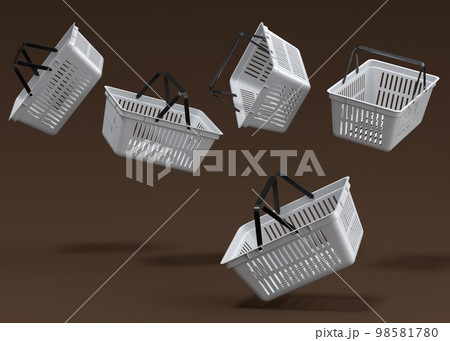 Set of flying metalwire shopping basket from supermarket on dark background. 3d render concept of online shopping and black friday sale 98581780