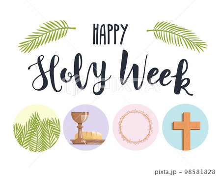 Holy Week.  Palm branches, the last supper, crown of thorns and the cross 98581828