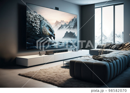 Big TV wall screen in modern living room, television set in luxury interior, generative AI Big TV wall screen in modern living room, television set in luxury interior, generative AI 98582070
