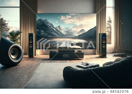 Big TV wall screen in modern living room, television set in luxury interior, generative AI. 98582076