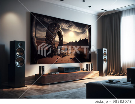 Big TV wall screen in modern living room, television set in luxury interior, generative AI 98582078