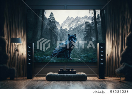 Big TV wall screen in modern living room, television set in luxury interior, generative AI. 98582083