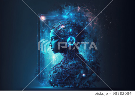 AI concept, fictional girl robot with artificial intelligence in computer box, generative AI 98582084