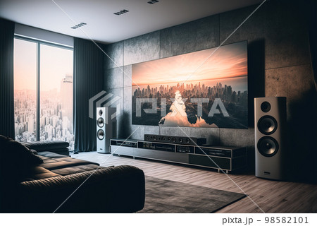Big TV wall screen in modern living room, television set in luxury interior, generative AI 98582101