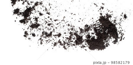 Black Fertilize Soil ready to planting, good organic soils with root for garden farming, fine detail of soil throw fly in air with dust dirty. High speed freeze shot over White background Isolated. Black Fertilize Soil ready to planting, good organic soils with root for garden farming, fine detail of soil throw fly in air with dust dirty. High speed freeze shot over White background Isolated. 98582179