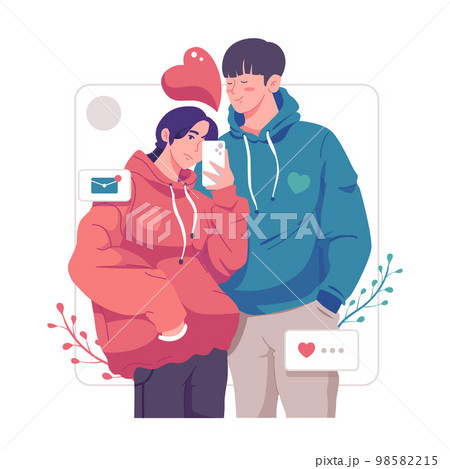 Romantic lovers are taking selfie with happiness. Happy young couple portrait. Valentine's Day and Happy Anniversary concept. Romantic lovers are taking selfie with happiness. Happy young couple portrait. Valentine's Day and Happy Anniversary concept. 98582215