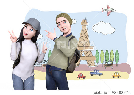 パリの背景イラストを背景にポーズをする若者の旅行者 98582273