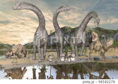 水飲み場に集まる恐竜たち 水飲み場に集まる恐竜たち 98582276