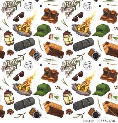 Watercolor seamless pattern hiking in the forest, tourism, camping, traveling and trip. Hand-drawn illustration isolated on white background. Concept for packing design, textiles, fabrics print. 98582636