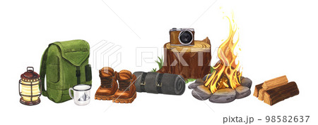 Watercolor banner campsite with backpack, gitar, boots, cup, lamp, camera, ax and bonfire. Hand-drawn illustration camping isolated on white background. For sticker: traveling, banner, flyer, template 98582637